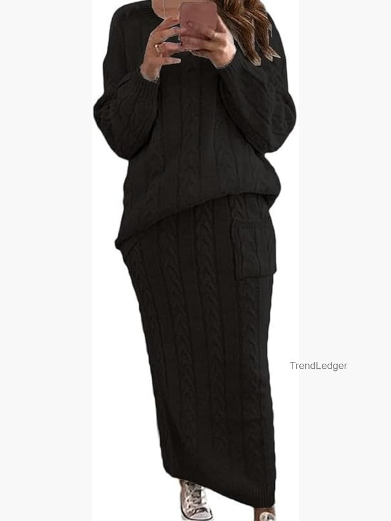 Winter Chunky Cable Knit Long Skirt 2 Piece Outfit Sweater Sets Warm Cozy